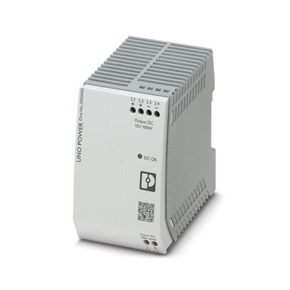 Phoenix Contact Switching Power Supply; UNO-PS/1AC/15DC/100W; 15VDC OUT; 6.67A; 85-264VAC IN; Single Phase; DIN Rail Mount; Plastic; Screw Connection